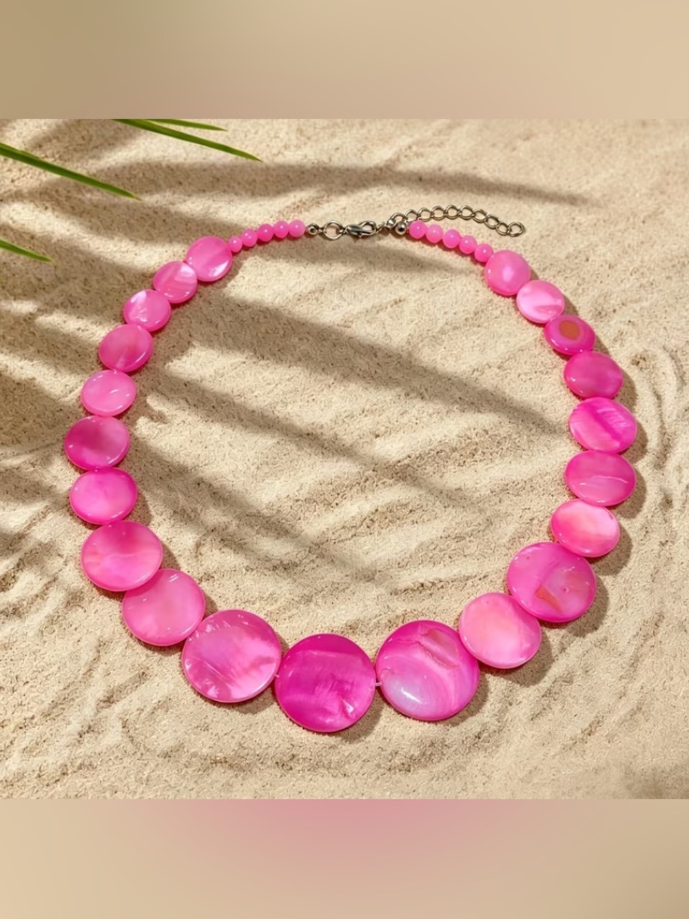 Bright Pink Faux Shell Disc Necklace with Adjustable Chain